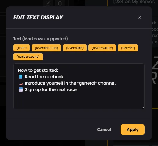 The “Edit Text Display” dialog
