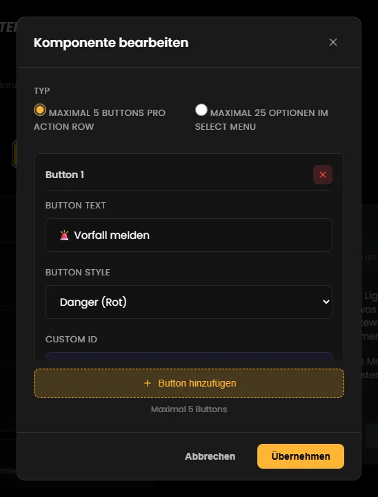 Action Row mit Buttons bearbeiten