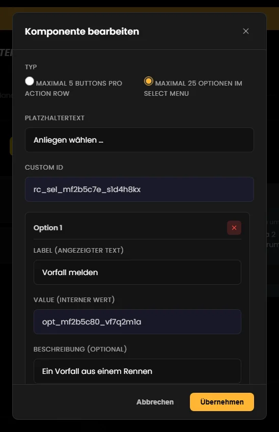 Action Row als Auswahlmenü bearbeiten