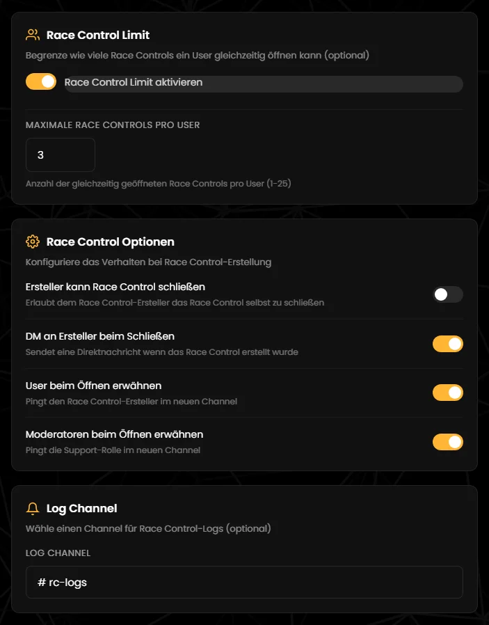 Race Control Limit, Race Control Optionen und Log Channel