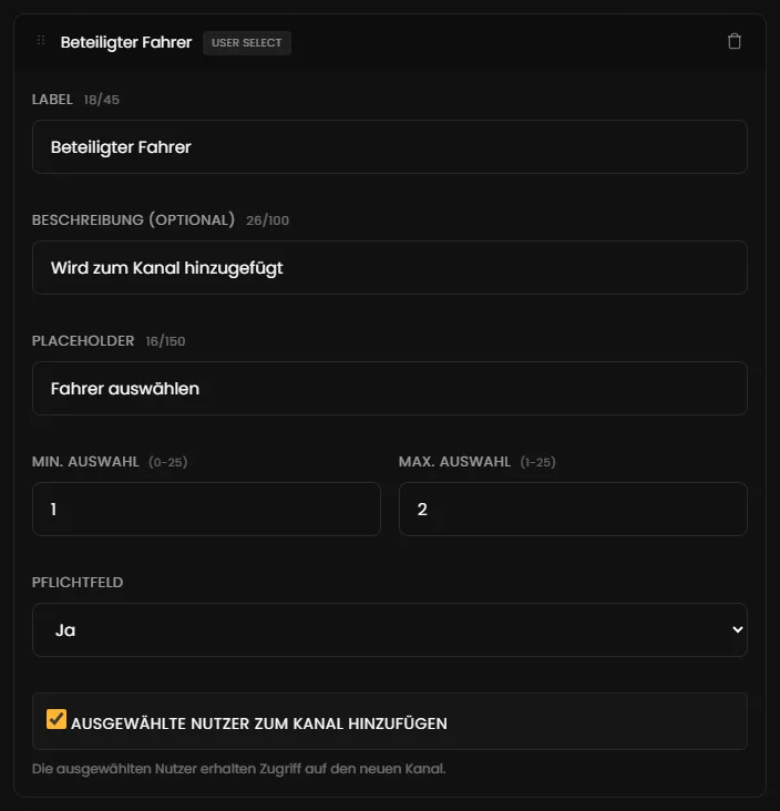 Einstellungen eines User Select Menus