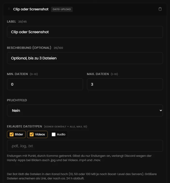 Einstellungen eines Datei-Uploads