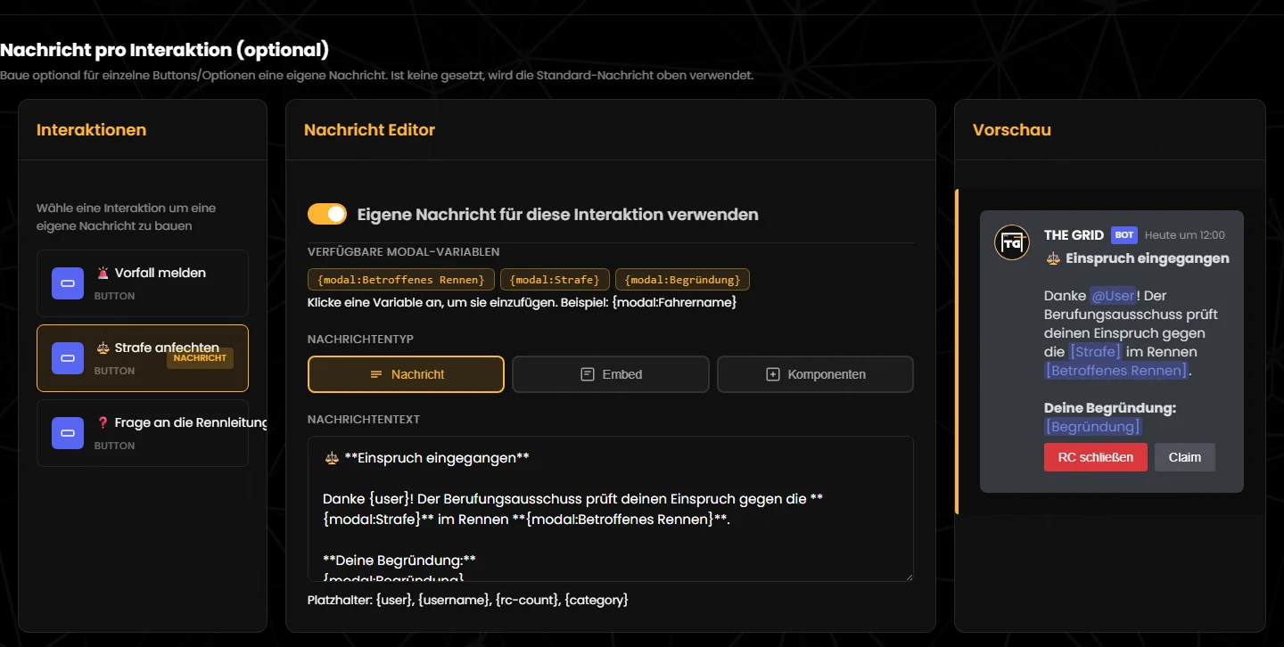 Eigene Nachricht für den Button „Strafe anfechten“