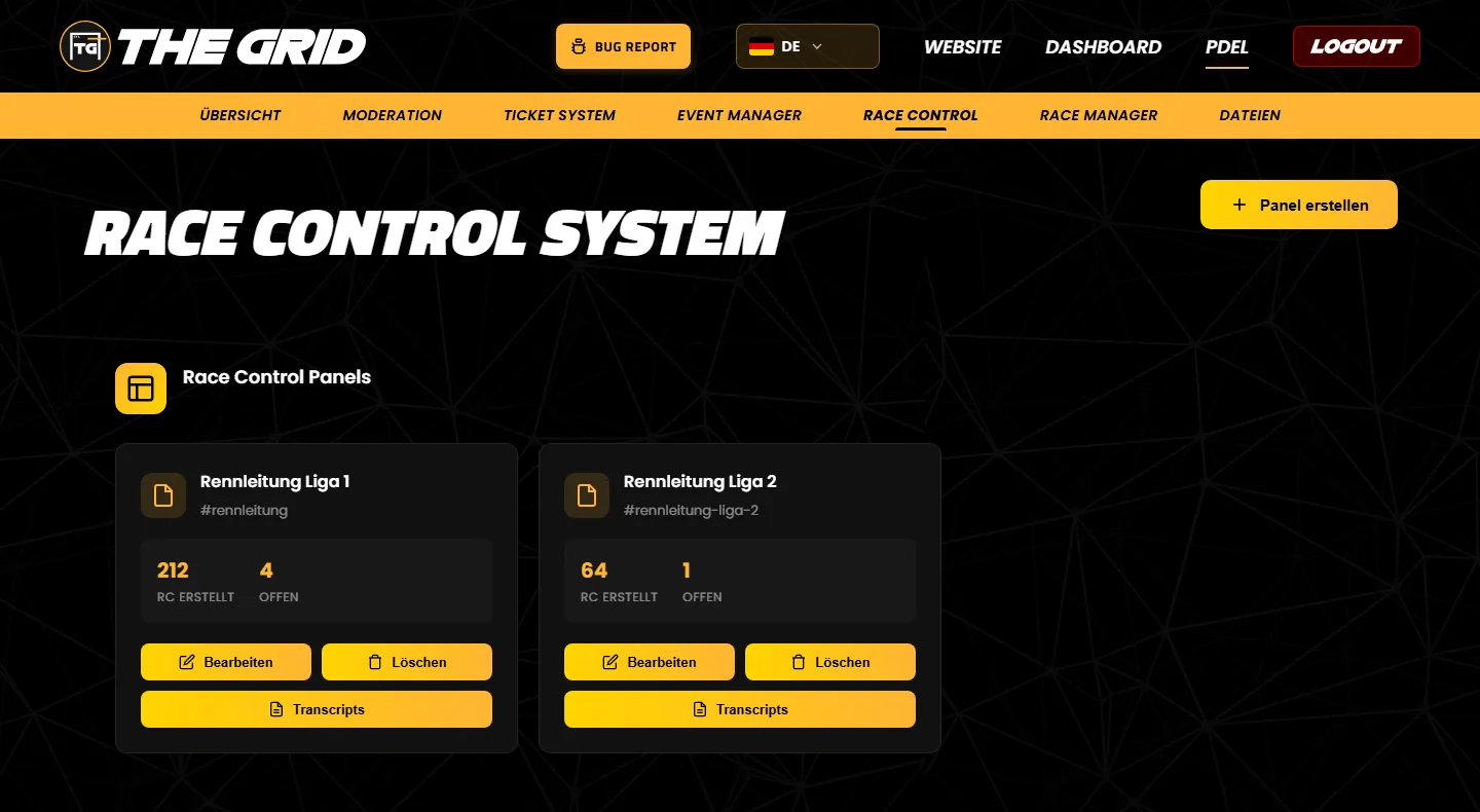 Die Seite „Race Control System“ im Dashboard