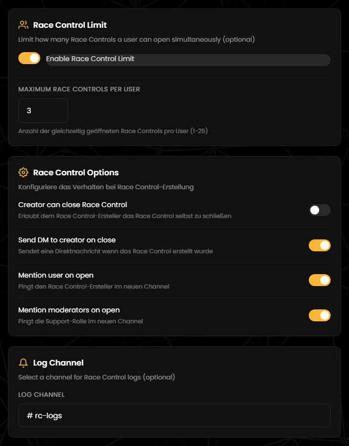Race Control Limit, Race Control Options and Log Channel