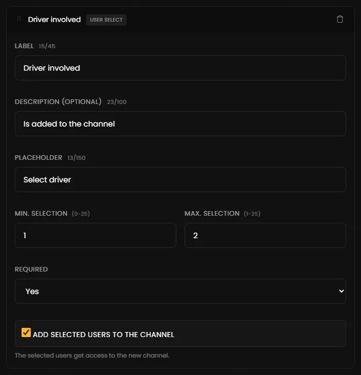 Settings of a User Select Menu
