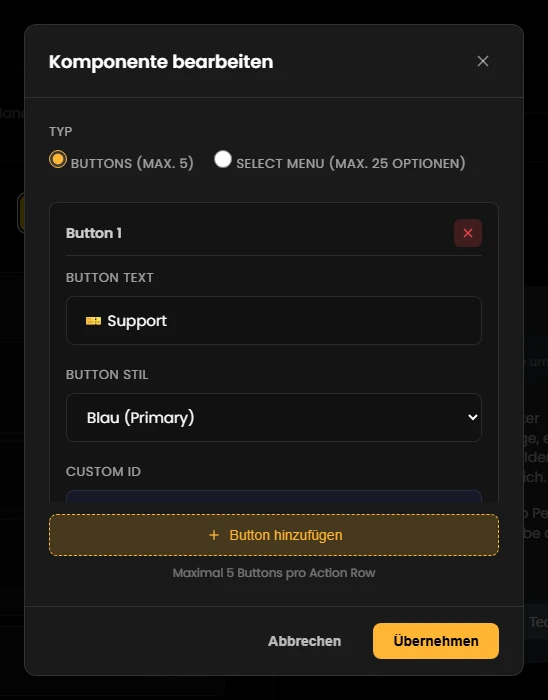 Action Row mit Buttons bearbeiten