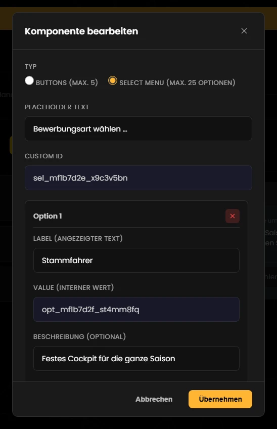 Action Row als Auswahlmenü bearbeiten