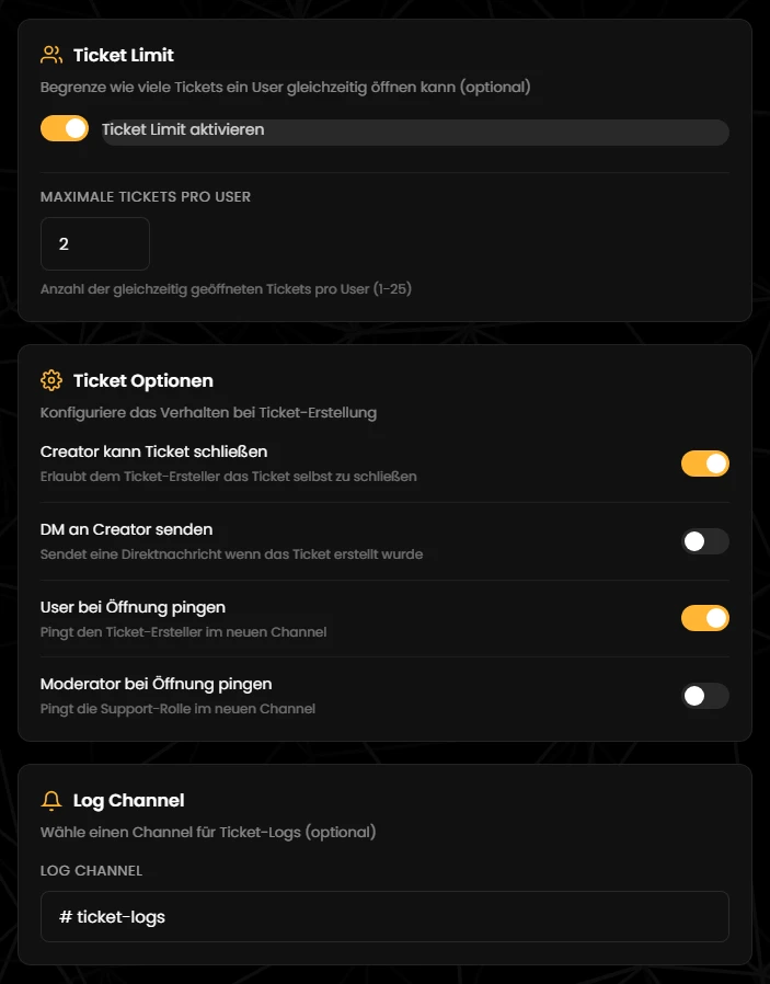 Ticket Limit, Ticket Optionen und Log Channel