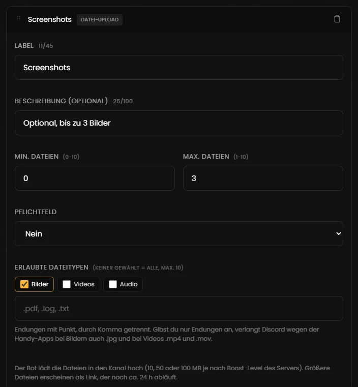 Einstellungen eines Datei-Uploads