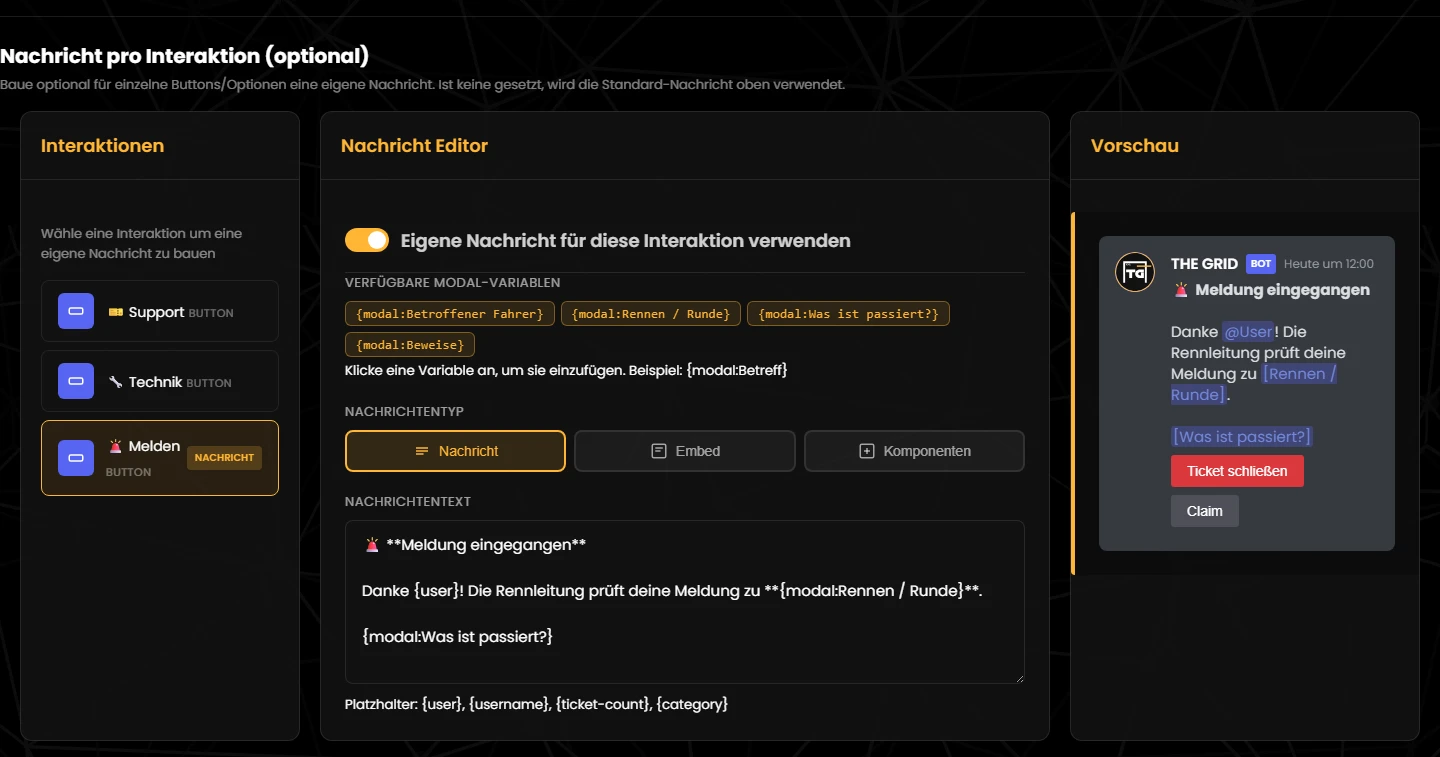 Eigene Nachricht für den Button „Melden“